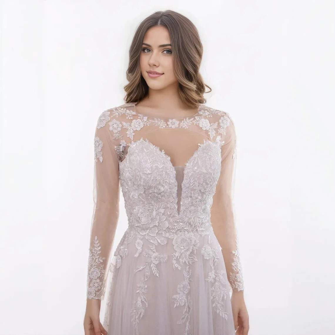Luxury White Sheer Lace Long-Sleeve Bridal Bolero with Pearl Button Back Women Wedding Top Customized J26818