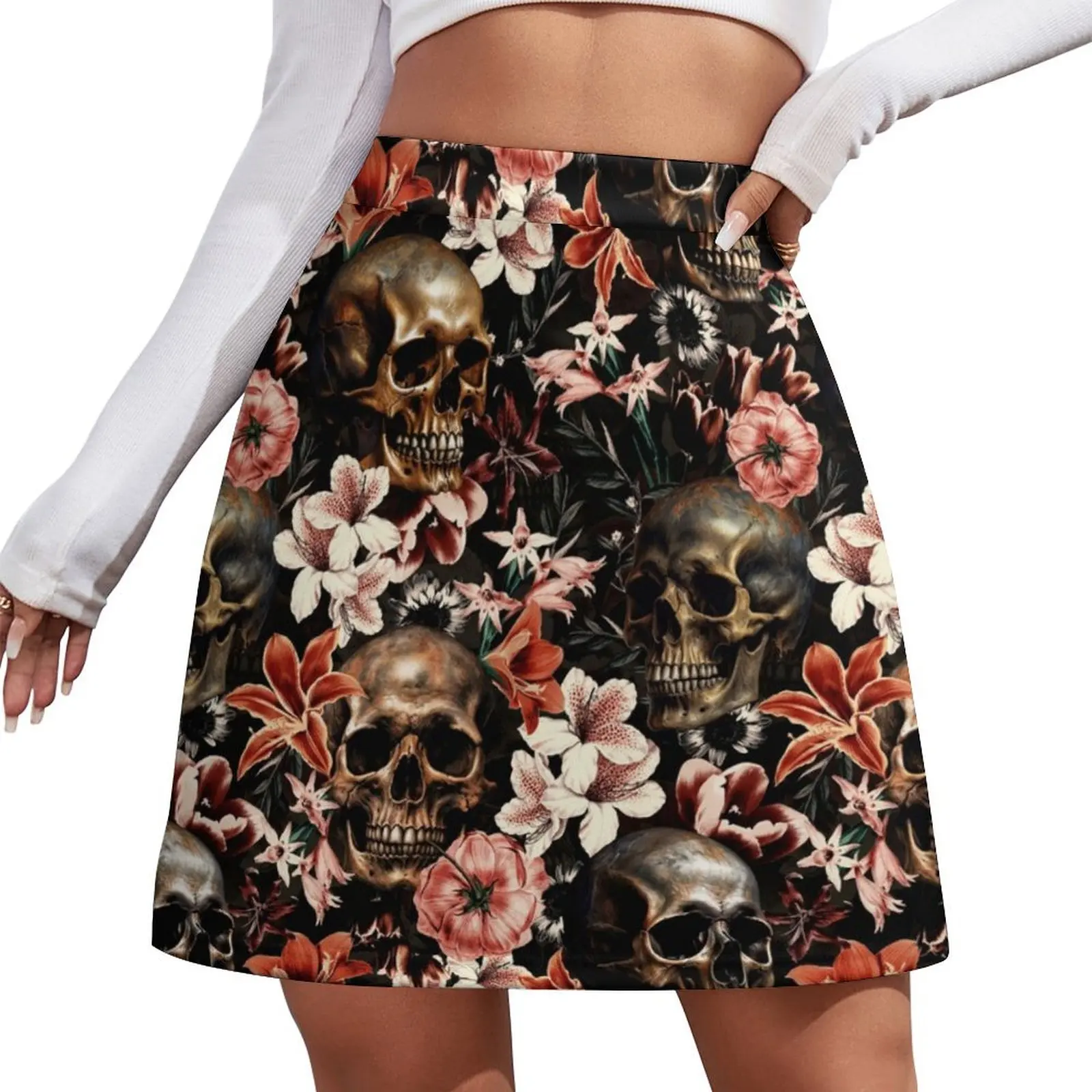 

Mysterious Midnight Baroque Skull And Flowers Mini Skirt japanese kawaii clothes luxury designer clothing women Mini Skirt