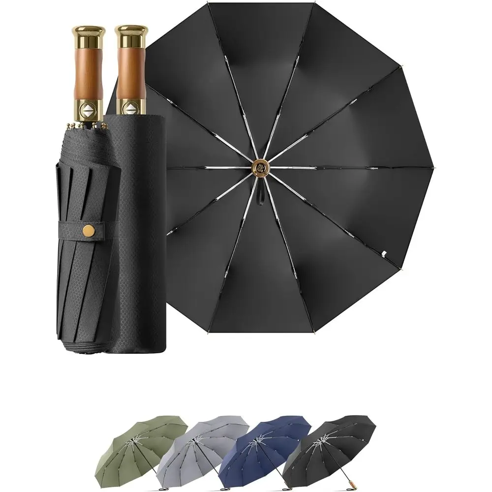 

Large 45/50 Inch 10-Rib Fiberglass Windproof Automatic Umbrella with Thick Fabric and Wooden Handle for Travel