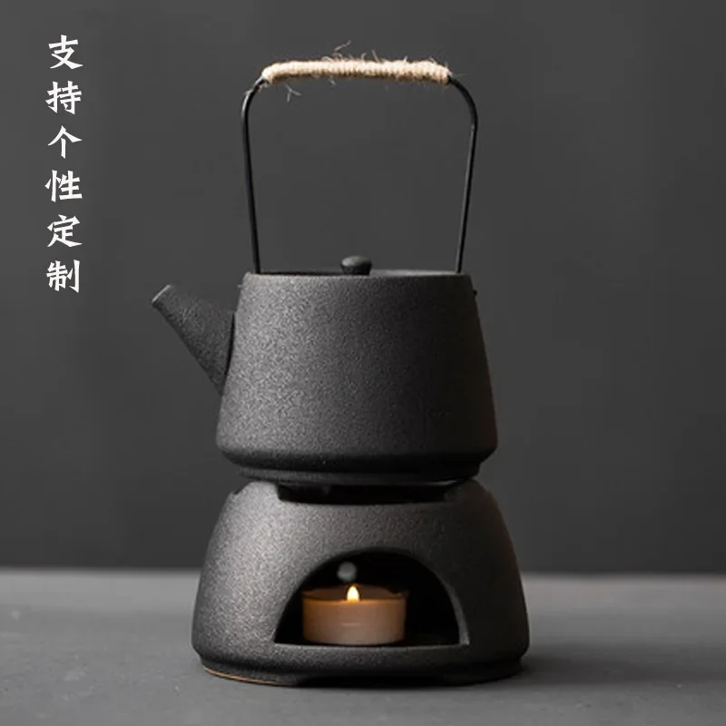 Japanese Style Stoneware Handmade Beam Pot Tea Set Warm Tea Stove Base Zen Style Black Ceramic Teapot Can Be Heated And Insulate