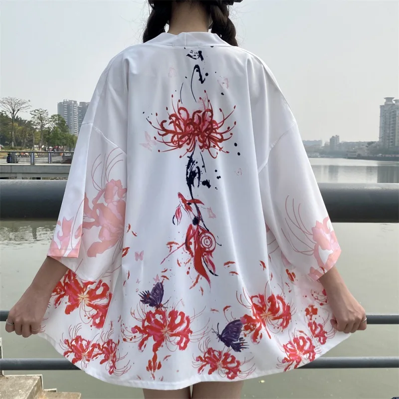 Japanese Flower Flower Print Haori Obi Belt Beach White Kimono Women's Yukata Coat Traditional Clothing Outerwear