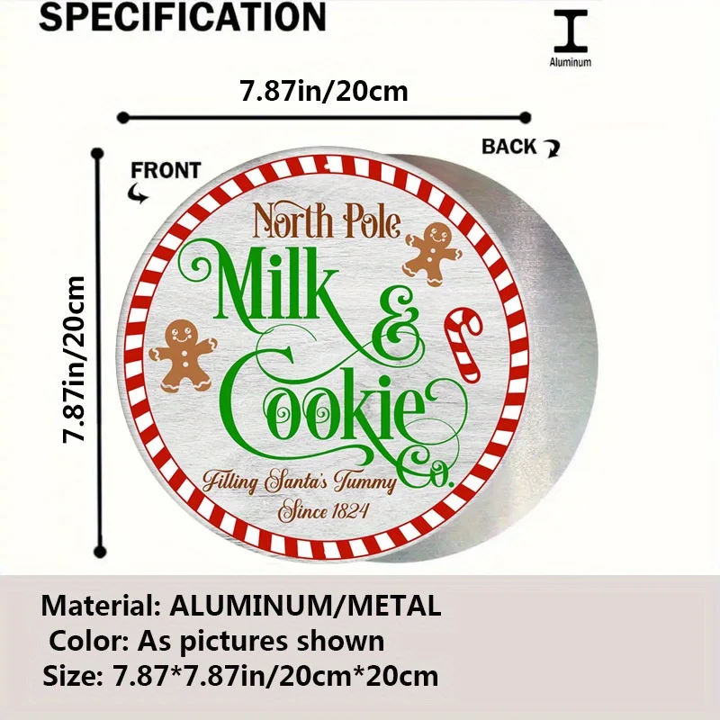 North Pole Milk & Cookies Co. Vintage Aluminum Sign - 1pc Round Retro Wall Decor with Gingerbread & Candy Cane Motifs for Bar, C