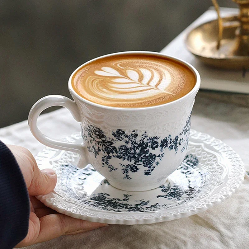 Coffee Cup and Saucer Set Vintage Carved Latte Mug Dessert Plate Restaurant Model Room Homestay Special Ceramic Cup and Saucer
