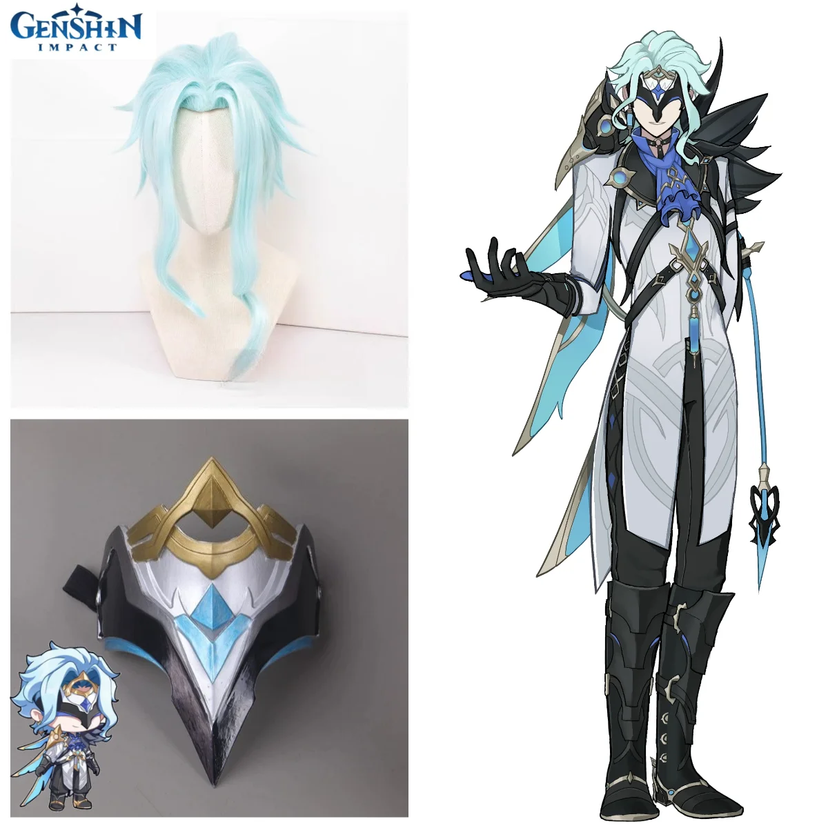 Genshin Impact Dottore Fatui Harbinger Cosplay Wig Heat Resistant Freely Stylable Wig Complete Set with Matching Mask Accessory