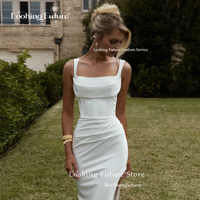 Einfaches Meerjungfrauen-Brautkleid, ärmellos, sexy, mit hohem Schlitz, Spaghettiträgern, Falten, eckigem Ausschnitt, Schleppe, individuell anpassbar