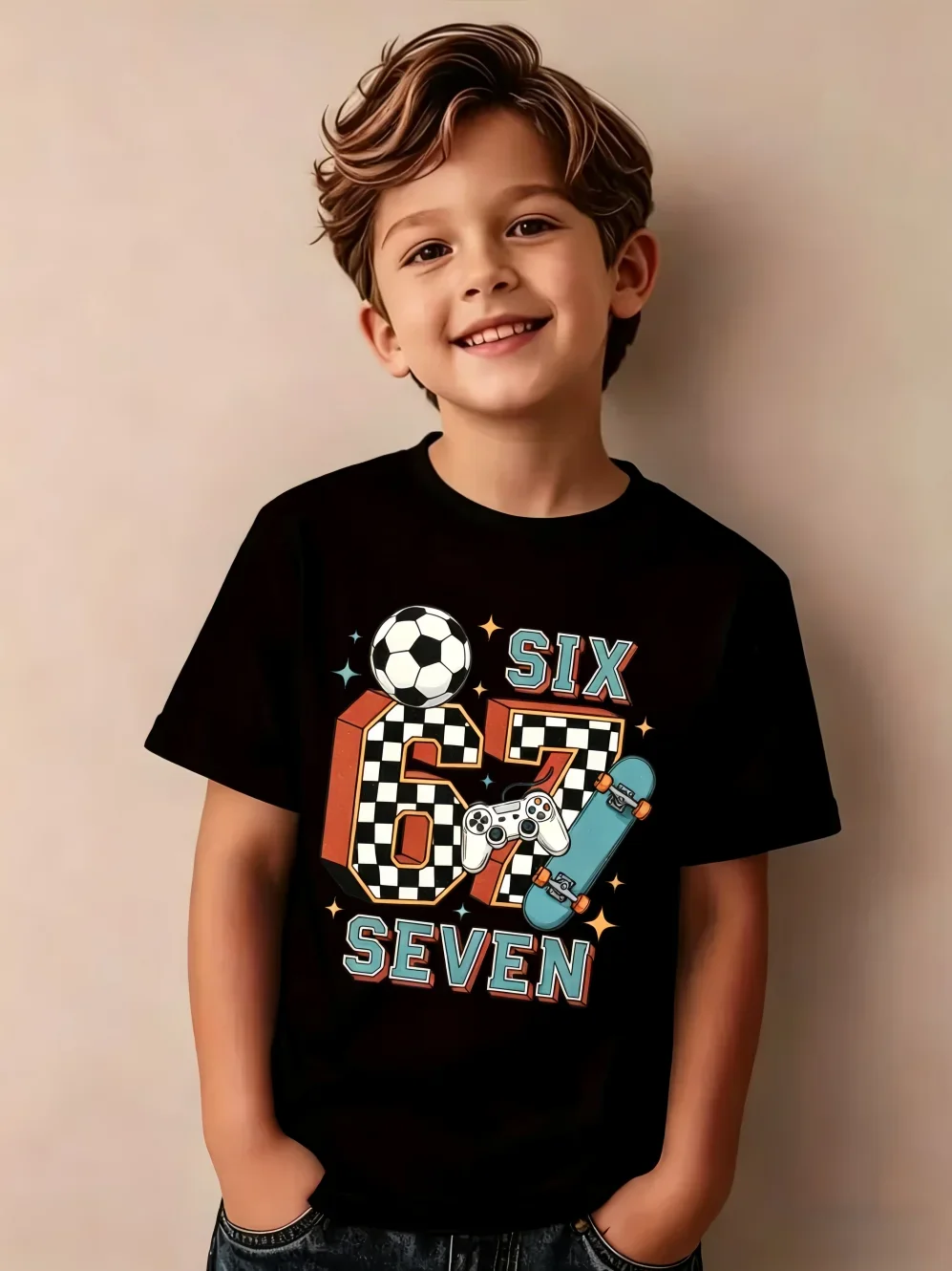 Summer Children's Clothing Fashion 67 Soccer Print Short Sleeve T-Shirt for a Boy Outdoor Street Sports O-Neck Kids Clothes Boys