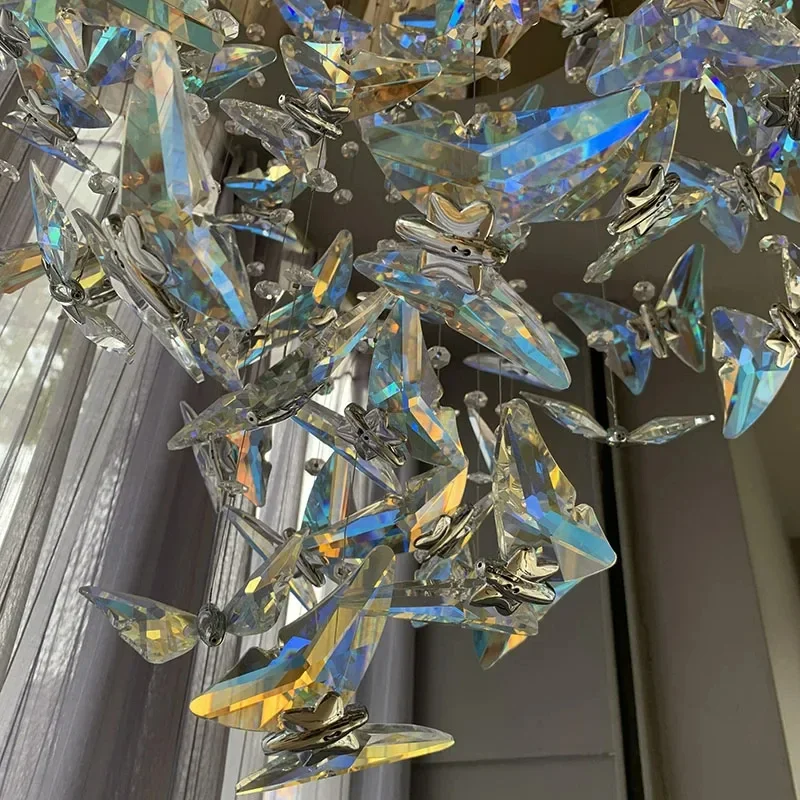 Hotel Lobby Attic Butterfly Crystal Multi-Head Long Chandelier K9 Crystal Staircase Pendant Light Living Room Decor Lighting