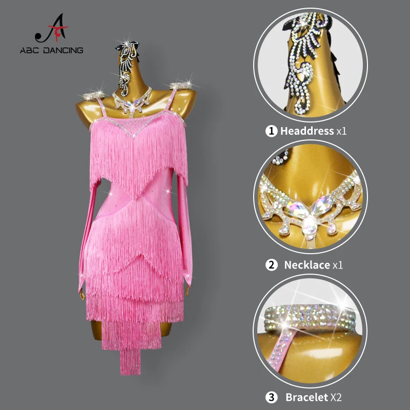 Vestido feminino de dança latina com saia de franja, roupas dançantes, roupas de samba, rosa, fantasia esportiva, competição noturna, roupas femininas