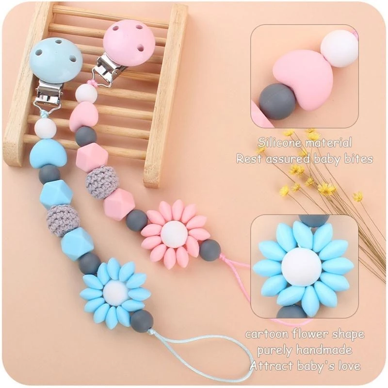 

J15U Infant Baby Silicone Pacifier Clip with Sweet for Sun Flower Beads Chain Toddler Candy Colored Teething Chewable Soother