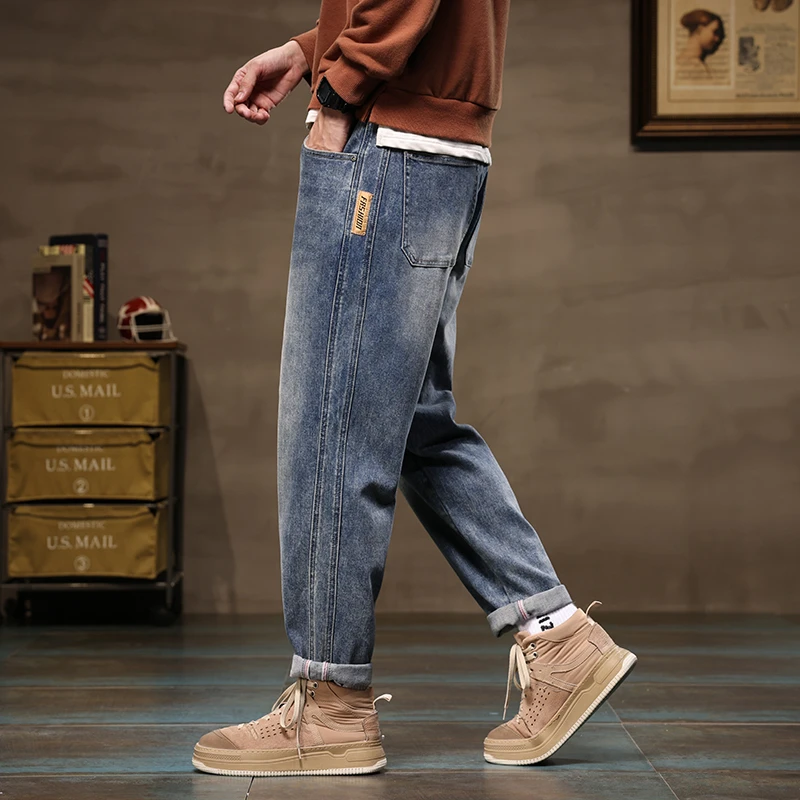 Men Blue Loose Tapered Trouser High Quality Wide Leg Harem Jeans Male Clothes Streetwear Leisure Baggy High Street Denim Pants