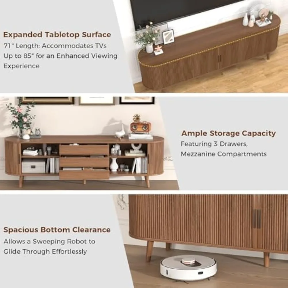 حامل تلفزيون لغرفة المعيشة، مركز ترفيه حديث لمنتصف القرن مقاس 71 بوصة مع حافة منحنية لتلفزيون 55/60/65 بوصة ووحدة تحكم الوسائط