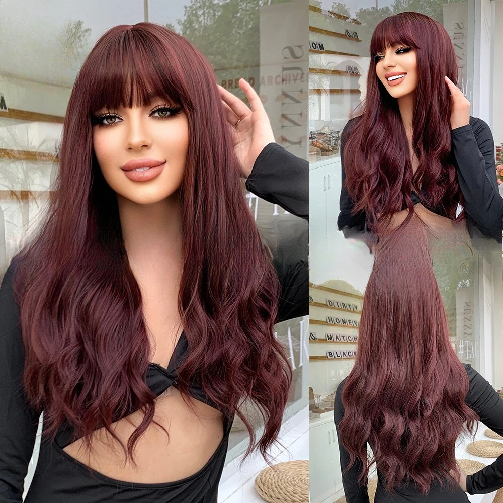 

Wig female European and American wig full head cover Qi bangs big wave burgundy wig high temperature silk treatment