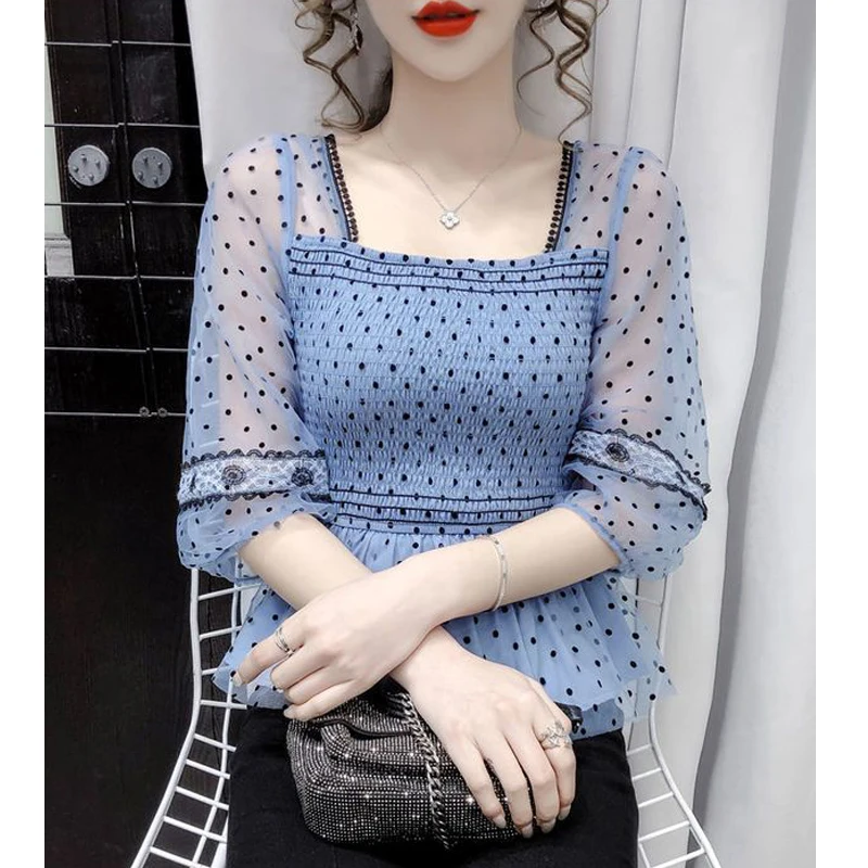 Women Korean Fashion Polka Dot Print Ruffle Blouse Sexy See Through Mesh Lace Patchwork Shirt Square Collar Half Sleeve Slim Top