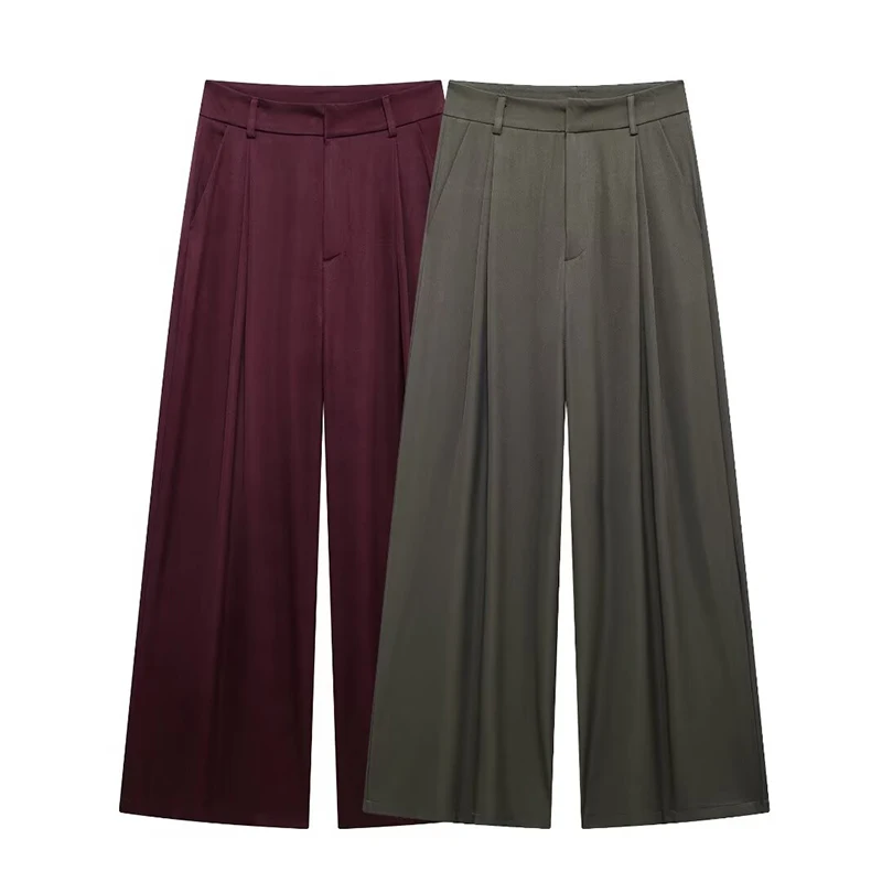 YUEYANG Women Fashion Chic Straight Wide-Leg Pleated Pants Female Pockets Zip Fly Trousers Ladies Elegant Wear