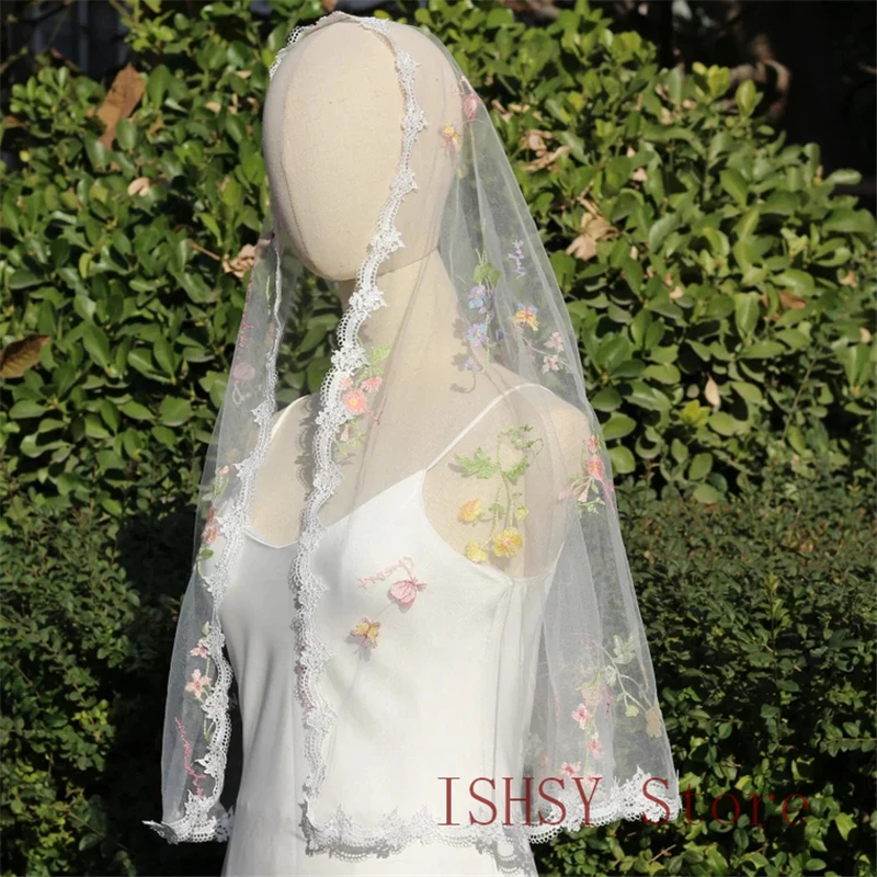 Colorful Embroidered Tulle Mantilla Mass Veils Women Head Covering Chapel Church Catholic Christian Spanish Green Pink Purple