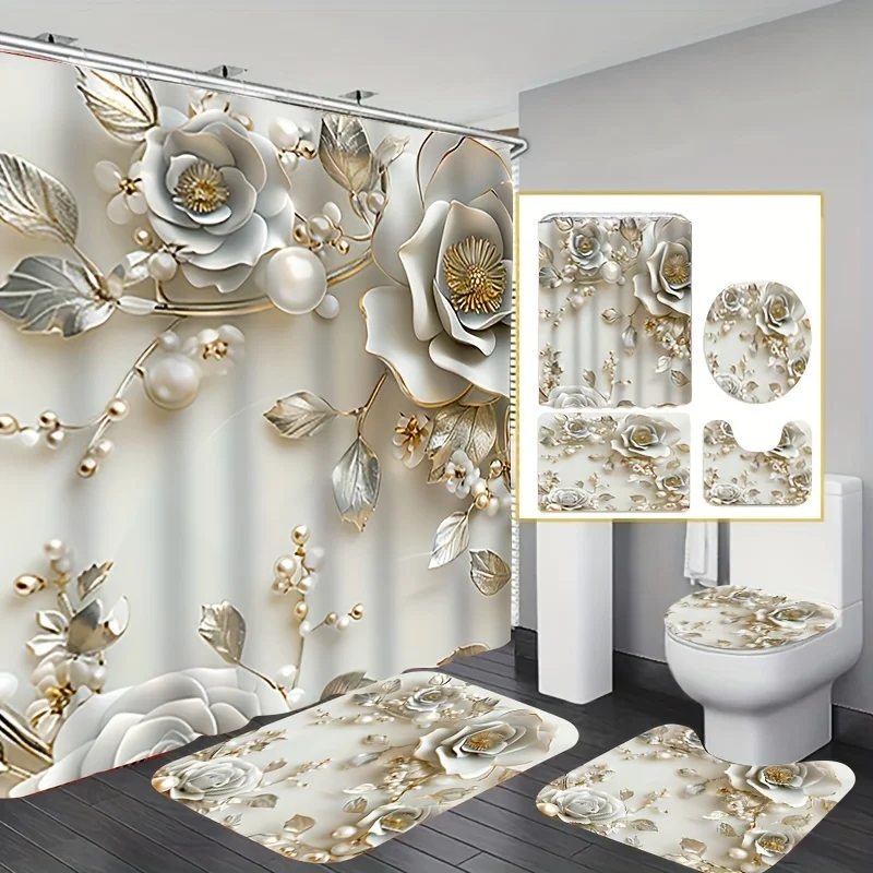 4pcs Pearl Flower Pattern Shower Curtain Set, Shower Curtain With 12 Hooks, Non-Slip Bath Mat, U-Shaped Toilet Mat, Toilet Mat
