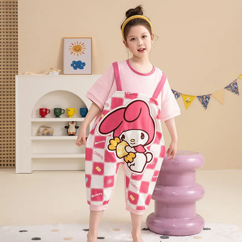 

Kawaii My Melodys Summer Girls' Pajamas Set Thin Cotton Baby Kick Prevention Love Belly Jumpsuit Children Short-sleeved Pyjamas