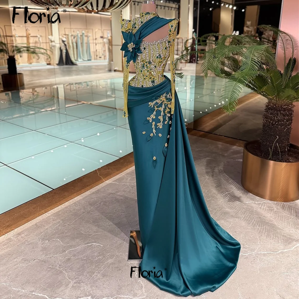 

Saudi Arabia Satin Formal Evening Dress Long Sleeve Half Train Second Reception Gowns Beaded Lace Luxury 2025 Customized Ladies