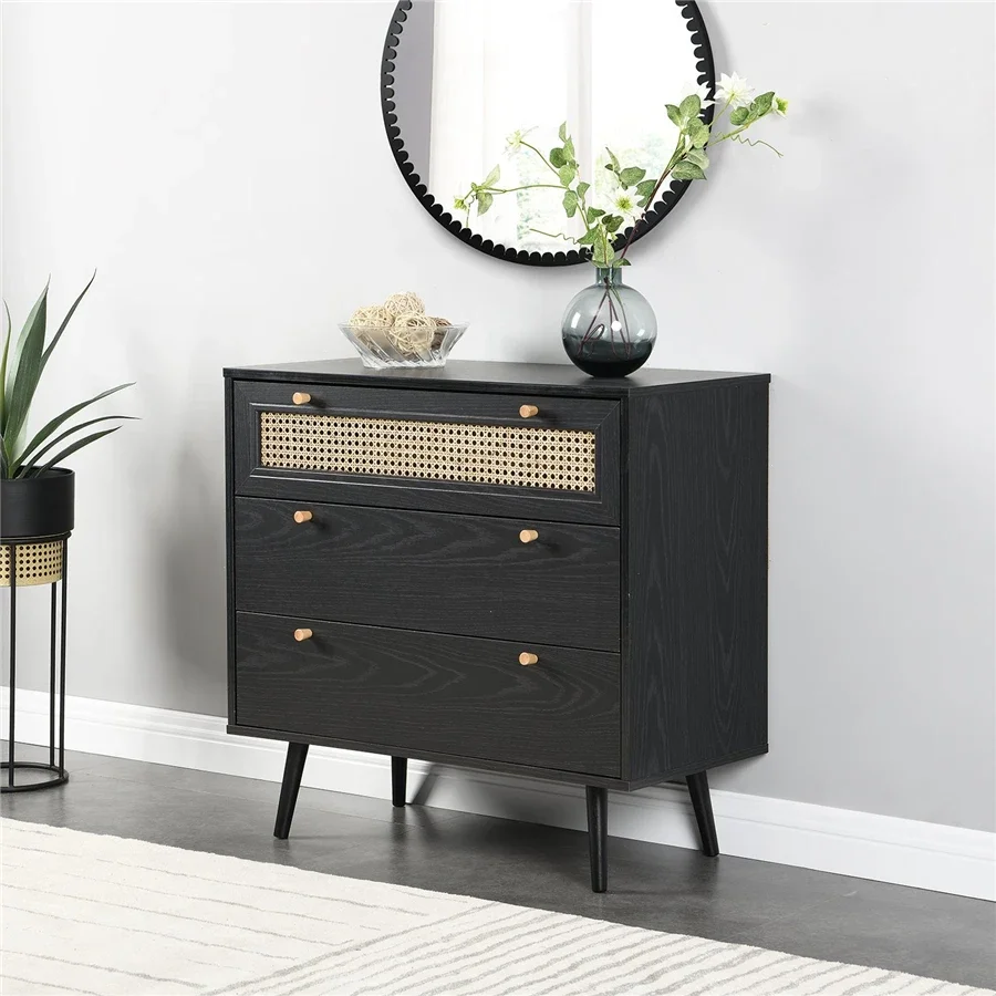 Modern Unique Three-Drawer Oak Dresser for Home Living Room Hotel for Clothes Storage Wooden Panel Style