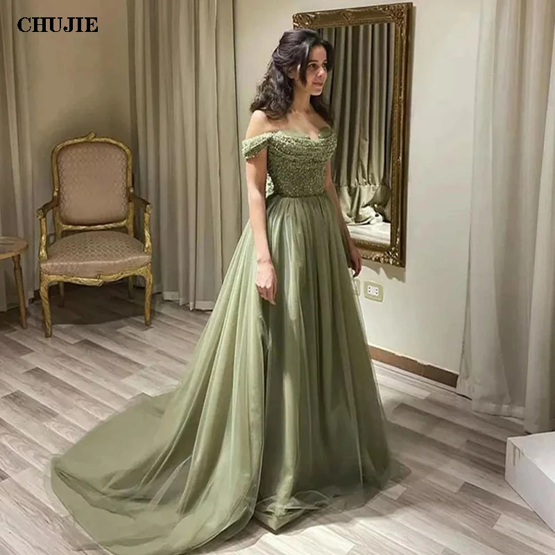 Sequins Sage Color Prom Dresses for Women Handmade A Line Luxury Tulle Woman Party Dress Elegant Evening Celebrity Robe Gowns