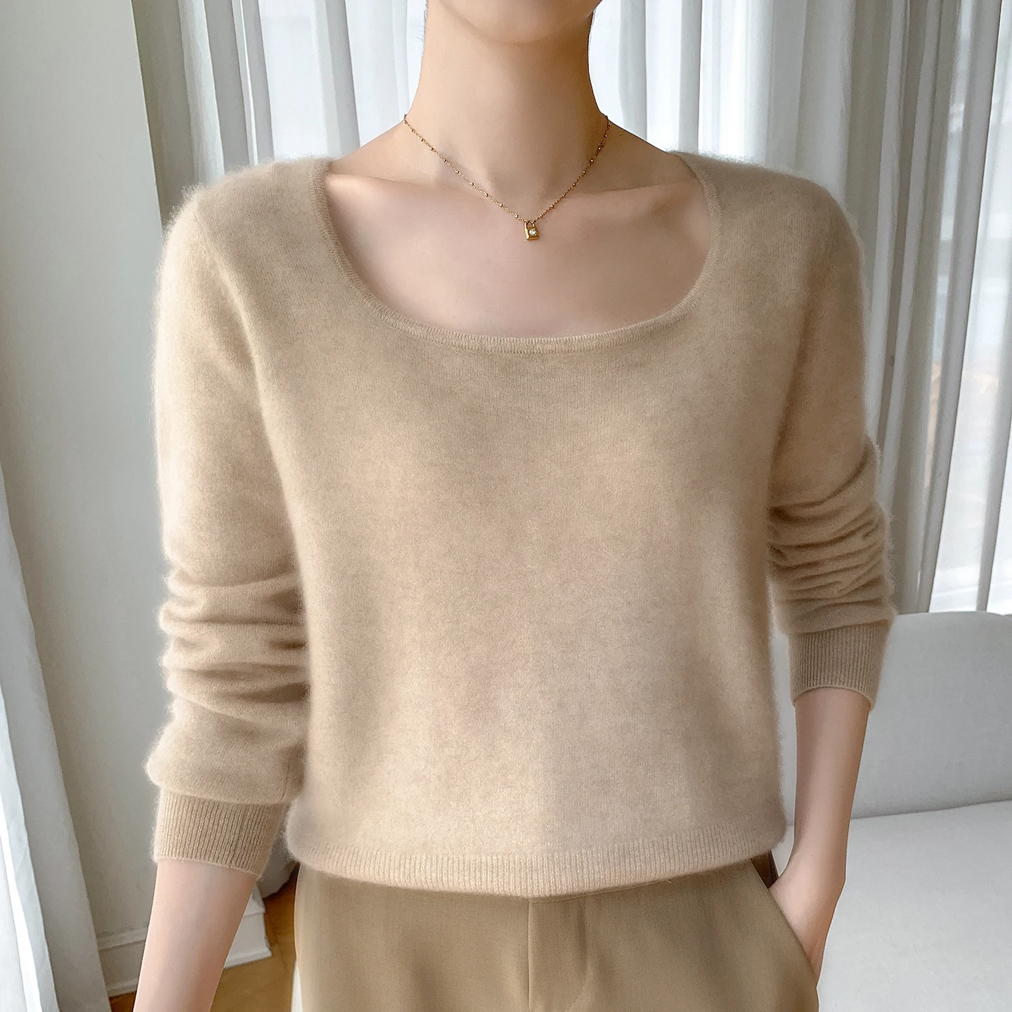 

Round neck solid color diagonal new 100% cashmere round neck women's pullover cashmere knitted versatile loose shirt