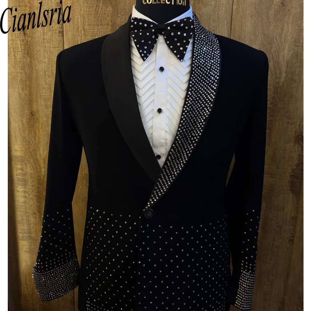 Men's Black Tuxedo Suit Jacket Shiny Rhinestone Shawl Lapel Slim Fit Stage Performance Party Prom Blazer