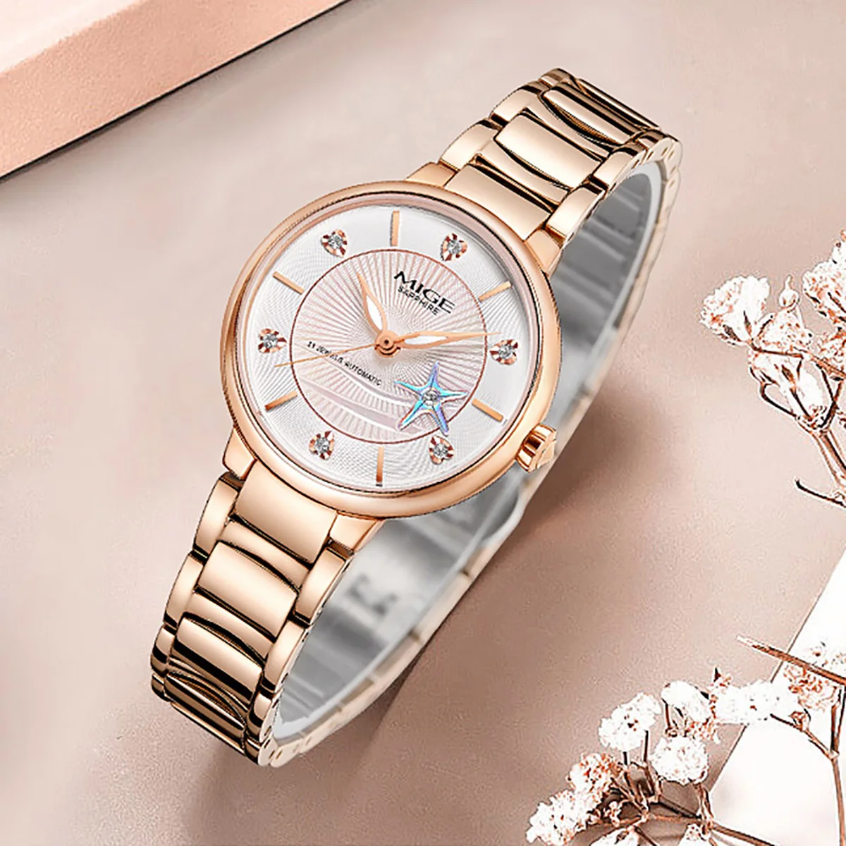 MIGE Hot brand starfish business rose gold stainless steel mechanical watch lady movement waterproof automatic watches for women