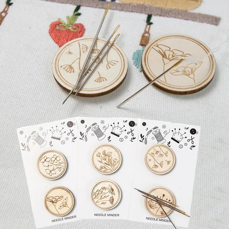 2Pcs Cross Stitch Wood Needle Minder Round Sewing Magnet Needle Keeper Embroidery Carved Flower Pattern Needlework Accessories