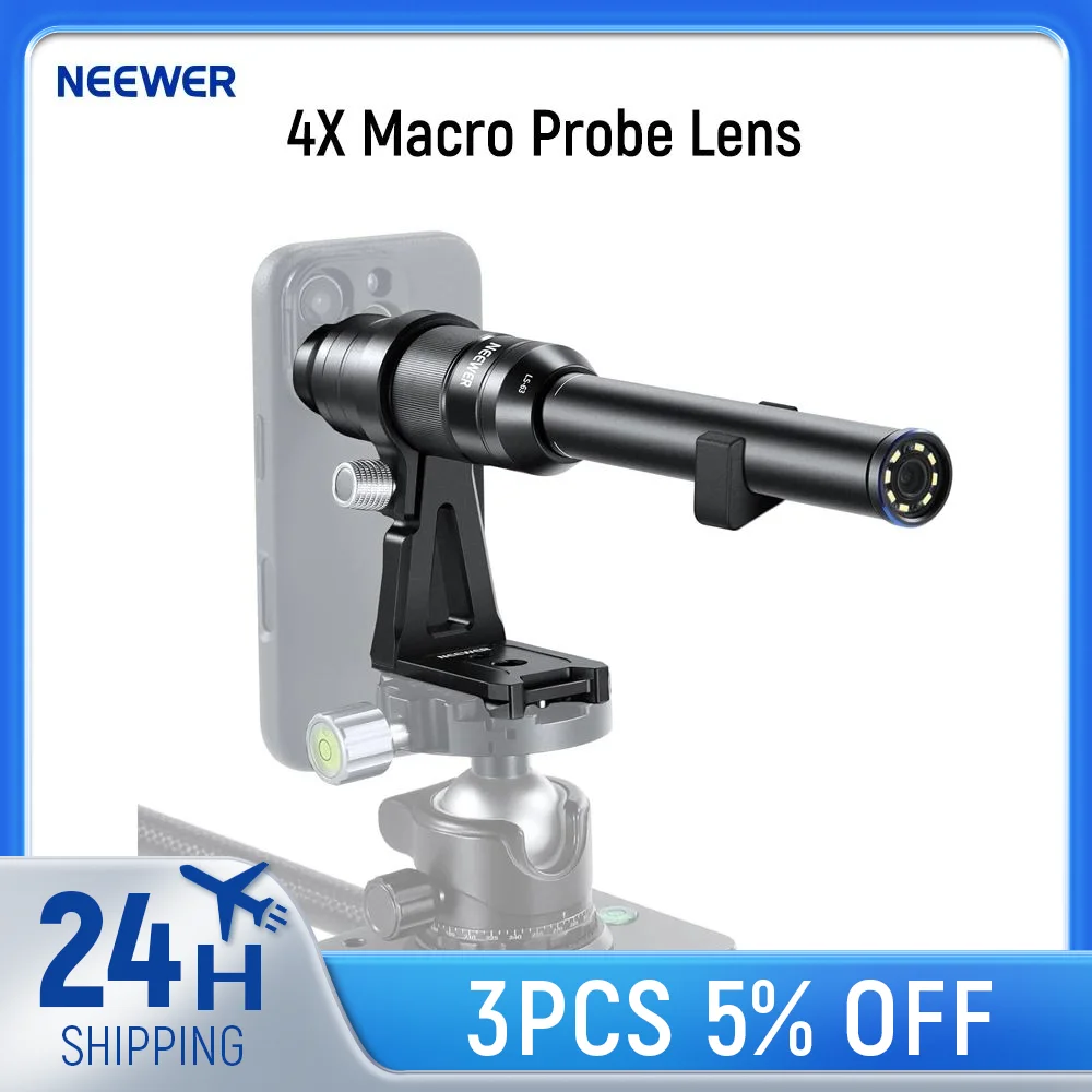 NEEWER 16mm 4X Macro Probe Lens with 109° FOV 17mm Thread Rechargeable LED Light for Mobile Macro Photography Video Recording