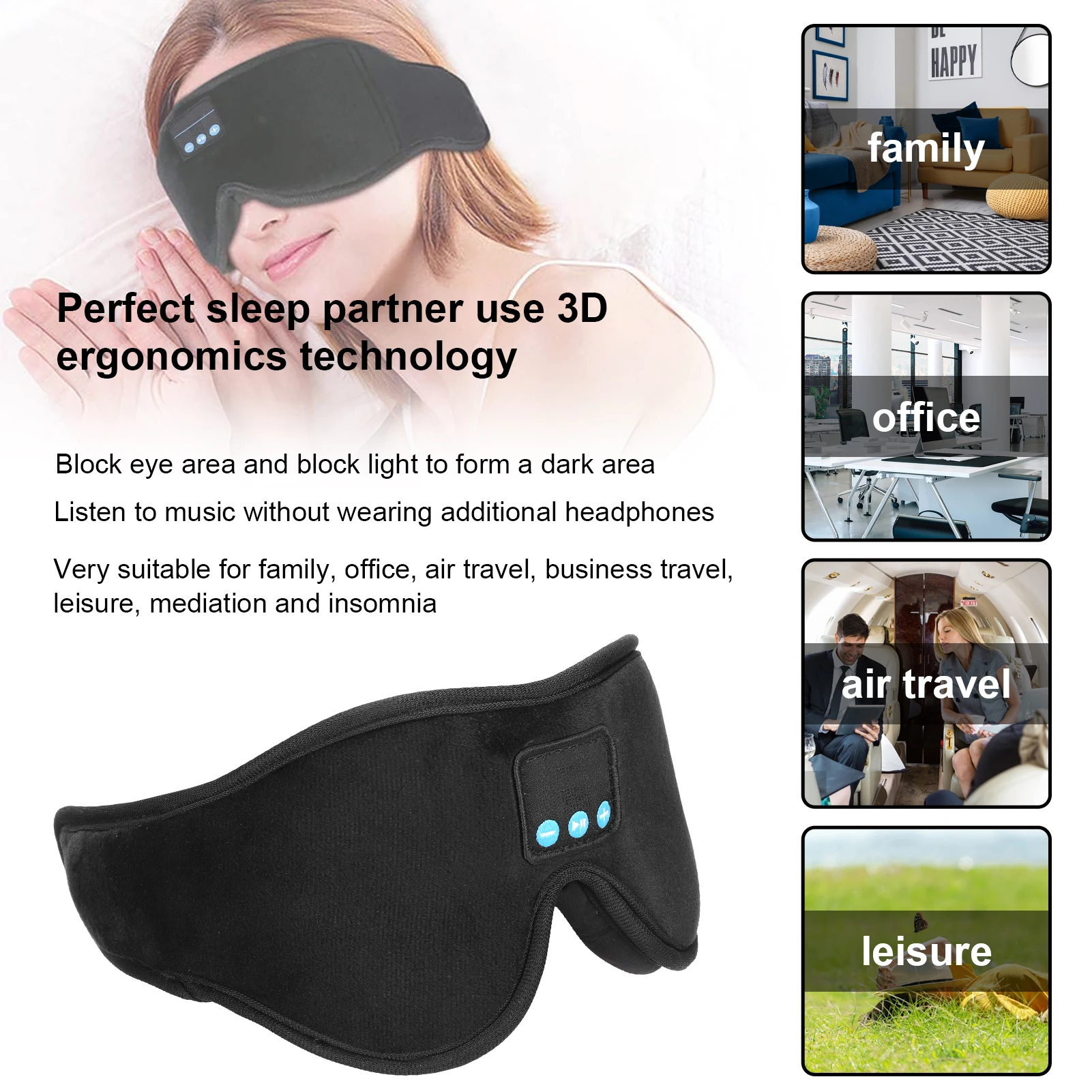 Soft Fabric Music Sleep Mask Built-In Speakers USB Charging Audio Sleep Mask Adjustable Fit Contoured Light Blocking Eye Cover
