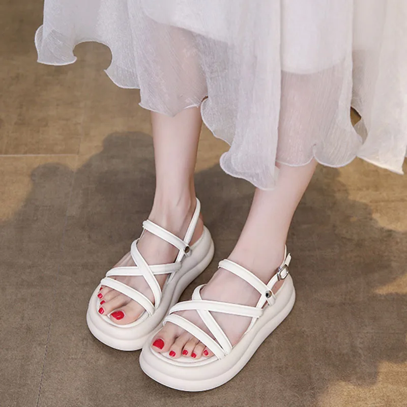 Flat Sandals Women 2025 New Summer Soft Sole Casual Roman Sandales Femmes Black White Cross Band Women\'s Shoes Sandalias Mujer