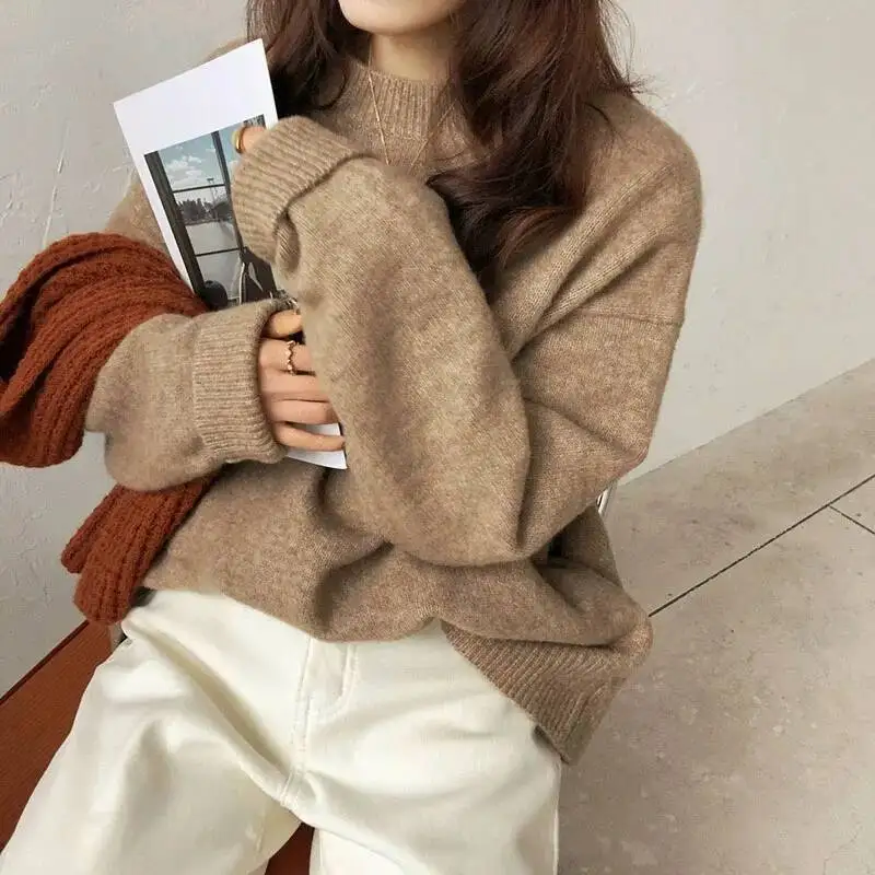 

Casual Loose Knitted Sweater Pullovers Woman Autumn Winter High End Thicken Warm Knitwear Mujer Solid Versatile O Neck Jumpers