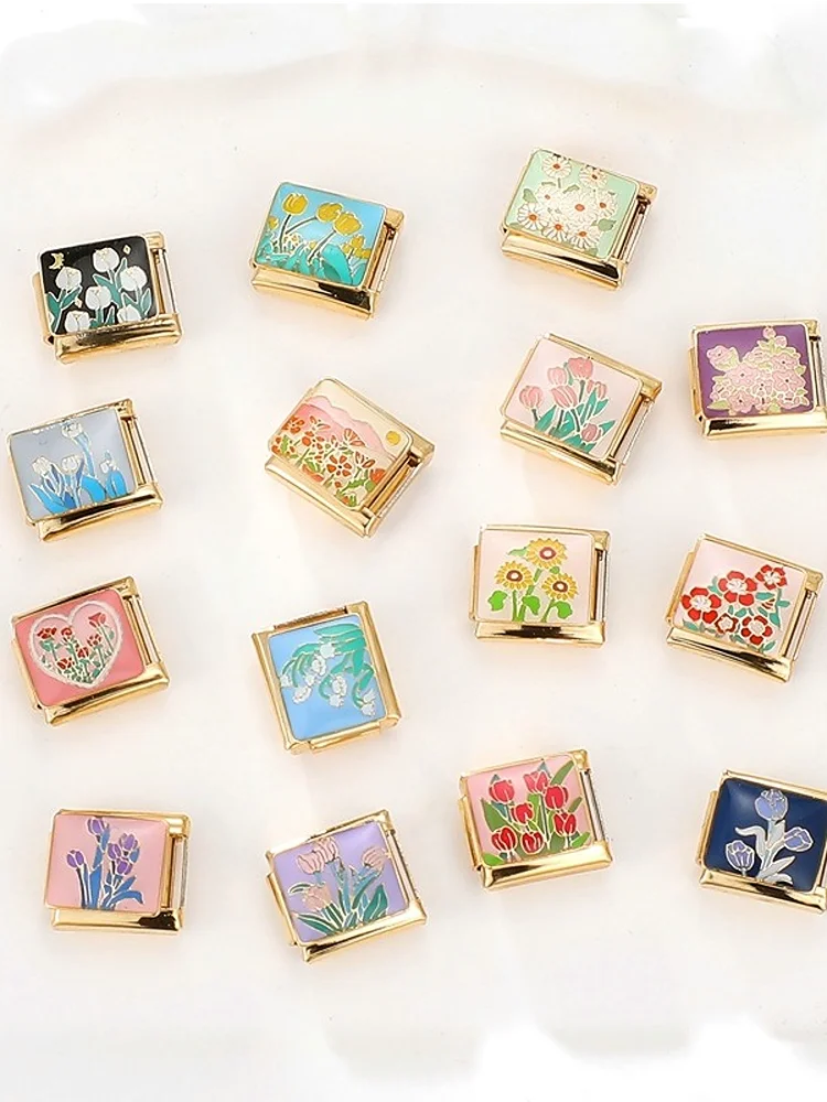 Pendentifs en forme de cœur, couleur or, fleurs, cerise, tulipe, maillons à breloques italiens, adaptés au Bracelet de 9mm, en acier inoxydable, pour hommes et femmes, bricolage, cadeaux