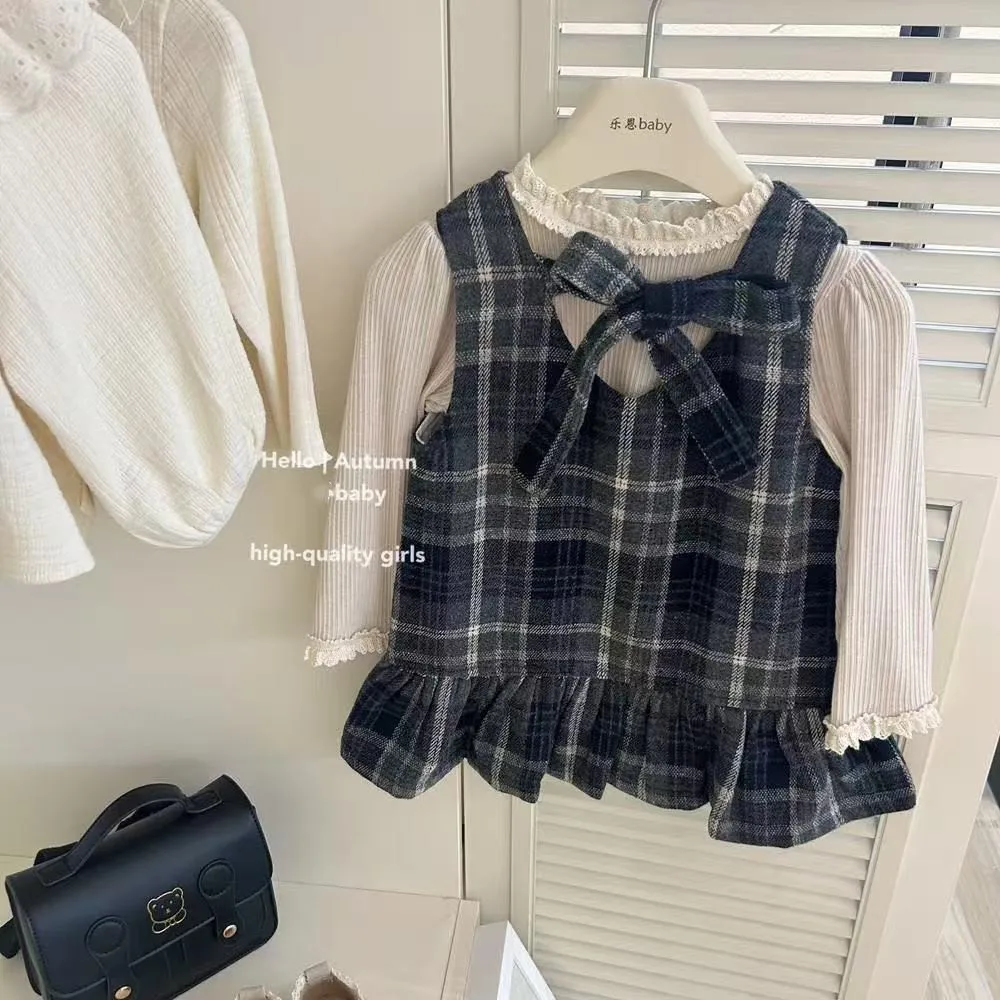 

Girls' Set 2025 New Style Girls' Versatile Lace Bottom Coat Woolen Checkered Dress Two Piece Set Trendy