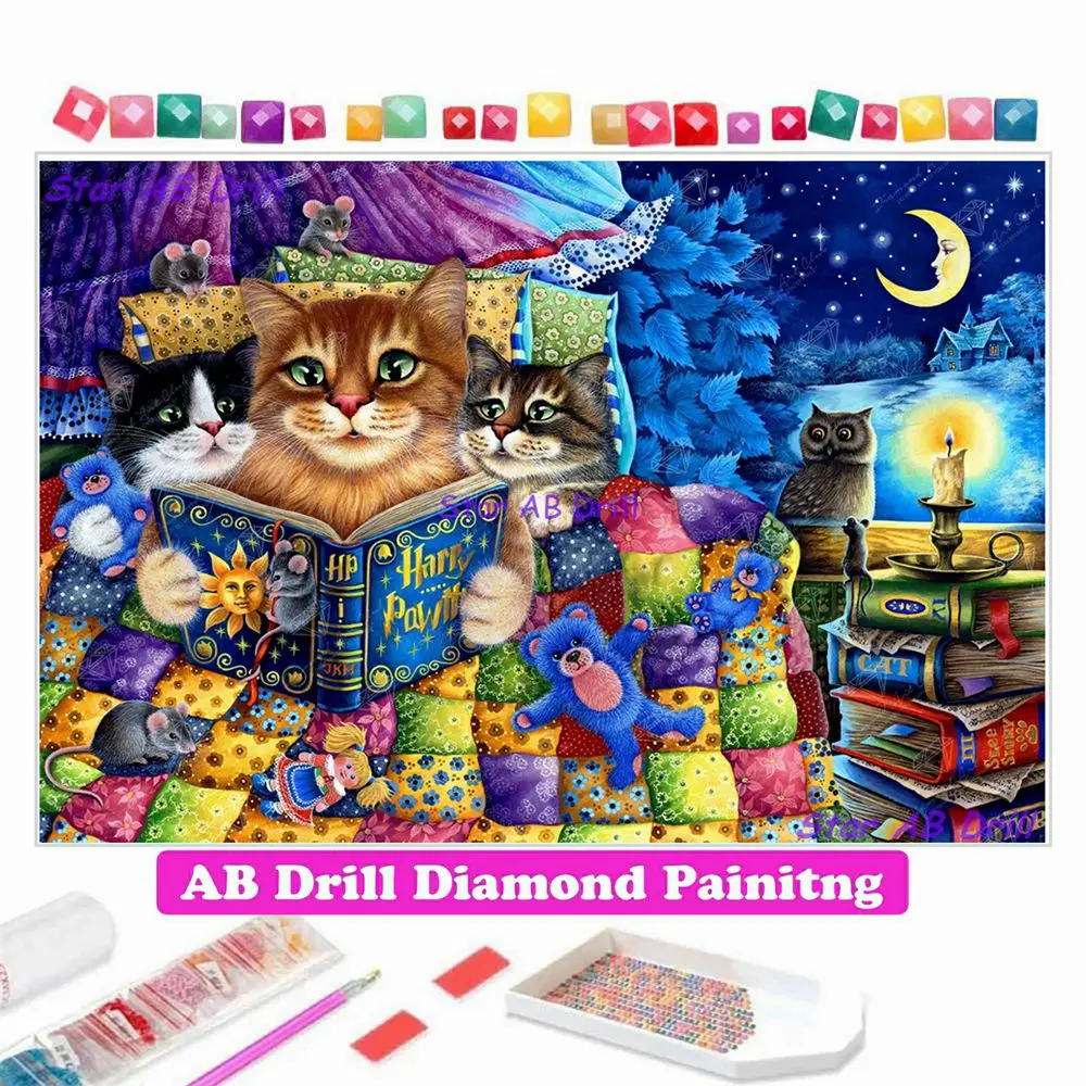 AB Diamond Painting Cartoon Cat Kitten Bedtime Storie Art 5D DIY Full Drill Cross Stitch Kit Mosaic Embroidery Children's Gifts