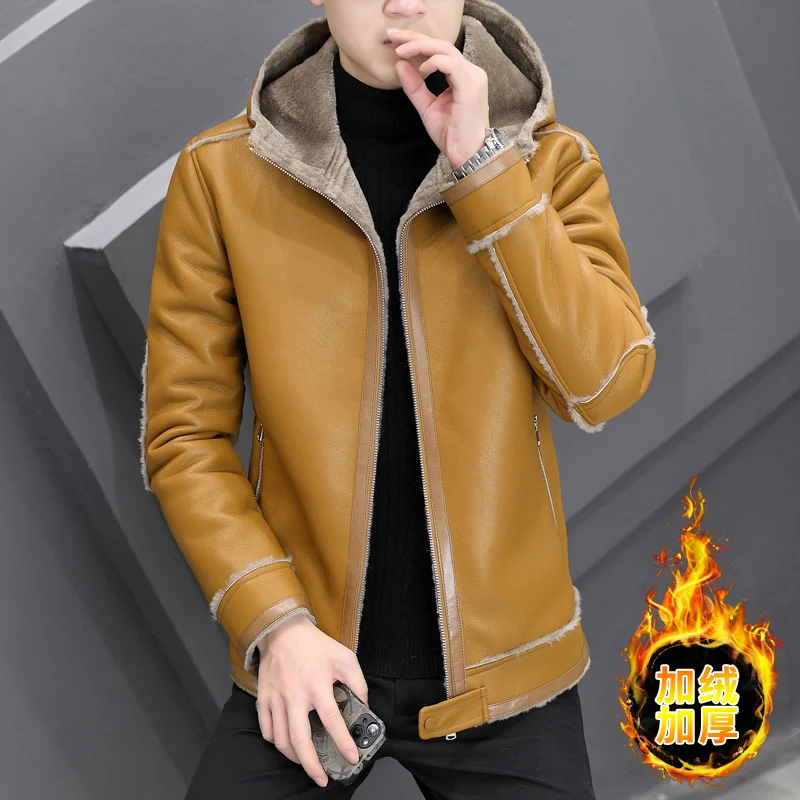 

New Men's Leather Coat Winter Warm Jacket with Fur Collar and Long Sleeve Wool Lining Casual Men's Jacket