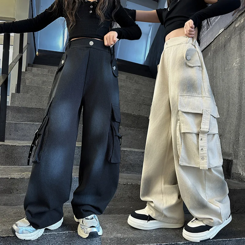 Girls Casual Cargo Pants Kids inkjet Sweatpants Children Vintage Streetwear Hip Hop Pants New Elastic Waist Baggy Trousers