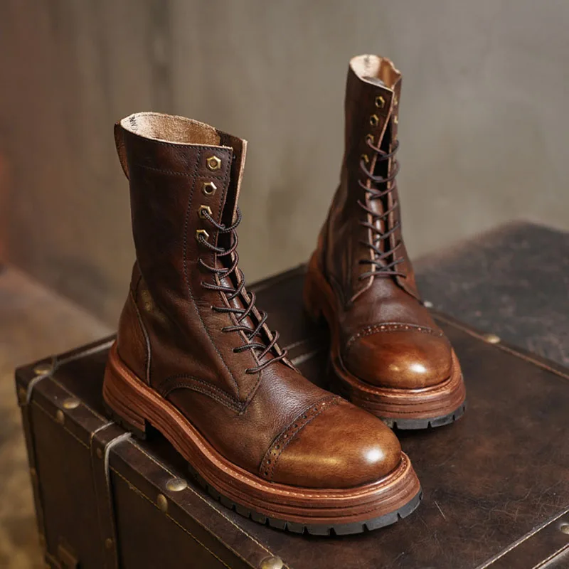 Fashion Men's Genuine Leather Motorcycle Boots Brogue Shoes High Round Toe Mid-calf Thick Heel Western Chelsea Boots Brown