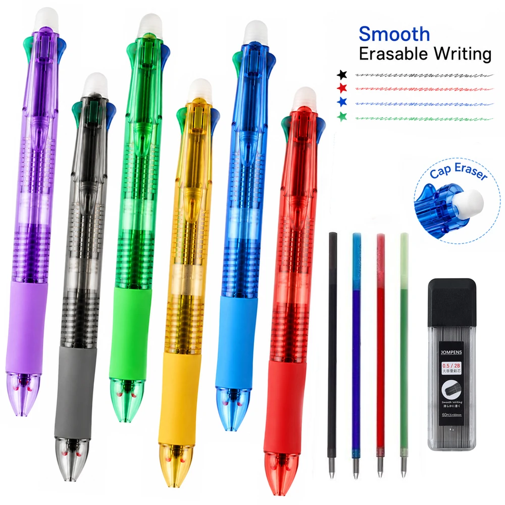 5-in1 Erasable Ballpoint Pen Set with 4Refills+60pcs Pencil Leads, 4 Color Inks+0.5mm Pencil with Cap Eraser, School Stationery