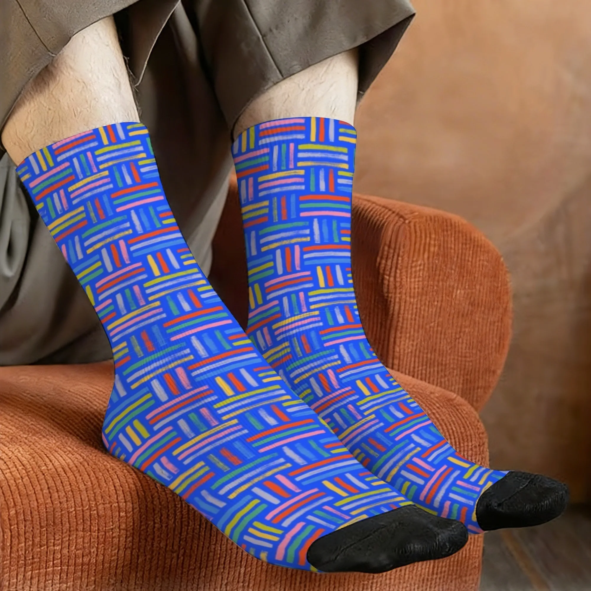 Colorful Line Graffiti Socks Non-slip Elastic Breathable Men's Socks Travel Leisure Hiking Retro Trendy Streetwear Fashion Socks