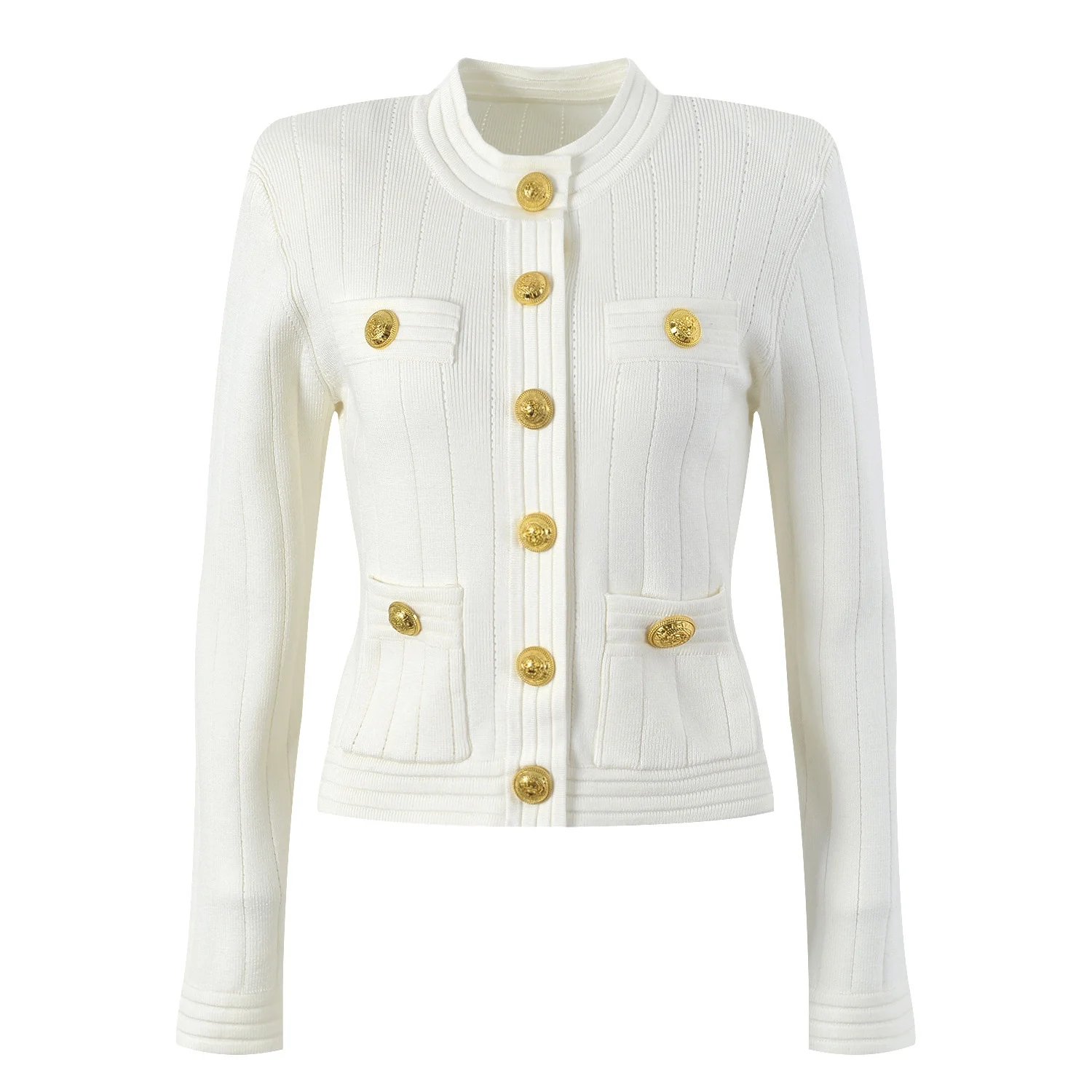 

High-End Basha 26 Spring Gold Button Long Sleeve Shoulder Pad Four Pocket Fashionable Versatile Knitted Cardigan Women's Fashion