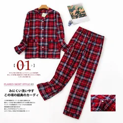 Pyjama à manches longues pour femmes vêtements de nuit à carreaux 100% coton rouge revers imprimé décontracté grande taille pour la maison 2 pièces nouvelle collection