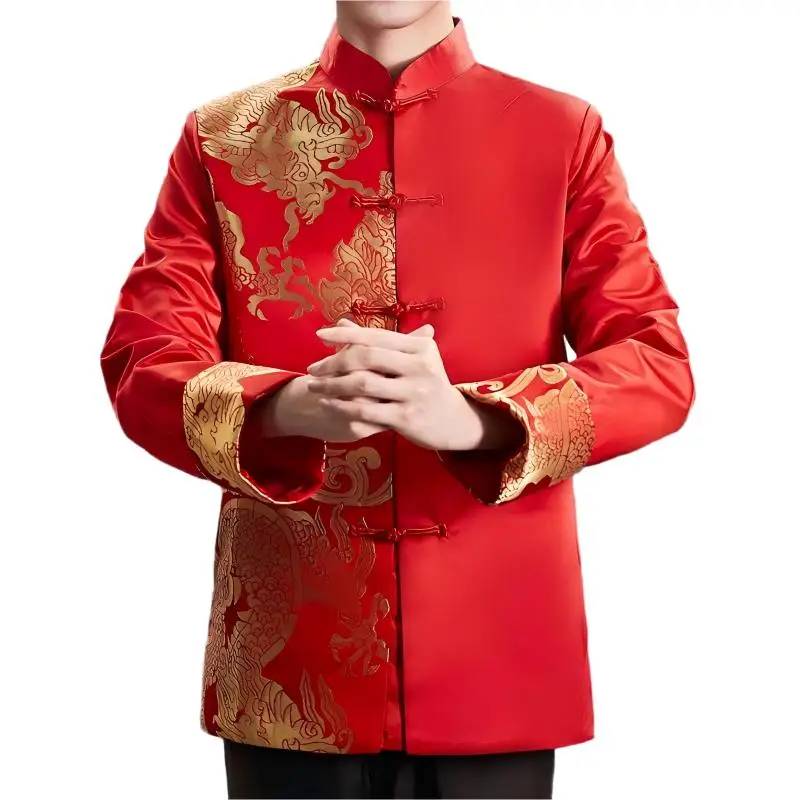 Traditional Chinese Style Men Red Wedding Coat Stand Collar Satin Tunic Suit Jacket Golden Dragon Jacquard Bridegroom Coat Loose