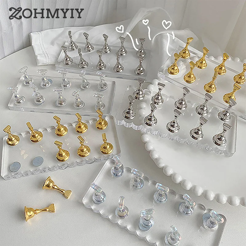 Nail Art Übungs halter Acryl zweireihige Basis Set Gold Silber magnetische Metall legierung Stand Maniküre Werkzeug Nagel Zubehör Salon