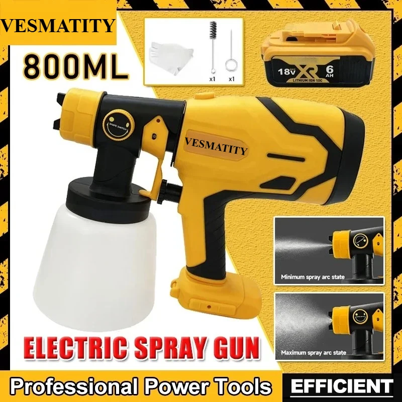 800ML Electric Spray Gun High Power Cordless Paint Sprayer HVLP Auto Furniture Steel Coating Airbrush  for Dewalt Battery Pin
