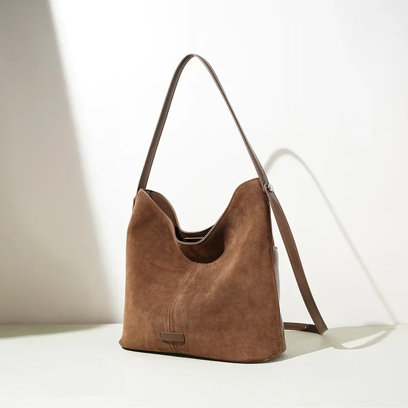 2026 Suede Leather Tote New Spacious Bucket Bag Korean Style Slouchy Crossbody Shoulder Bag Women Vintage Minimalist Commuting