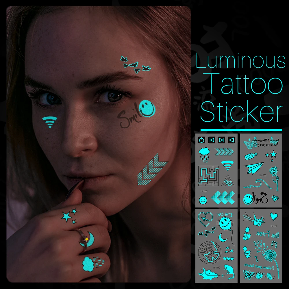 Stars Moon Blue Luminous Tattoo Sticker Temporary Waterproof Face Arm Body Art Fake Tattoos Women Festival Makeup Products