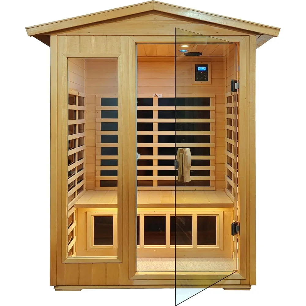 Sauna externa, sauna infravermelha distante para 2 pessoas, sauna de madeira de basswood para casa com 8 saunas caseiras emf baixas, 2 luzes de leitura LED