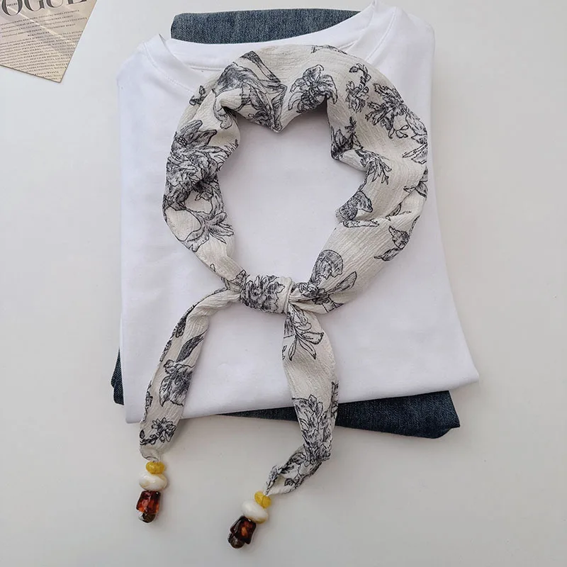 

Шарф из шифона с принтом, мягкий, ручной работы, с бисером, для женщин, изысканный, в лесном стиле, пасторальный, для фотосессий, декоративный.