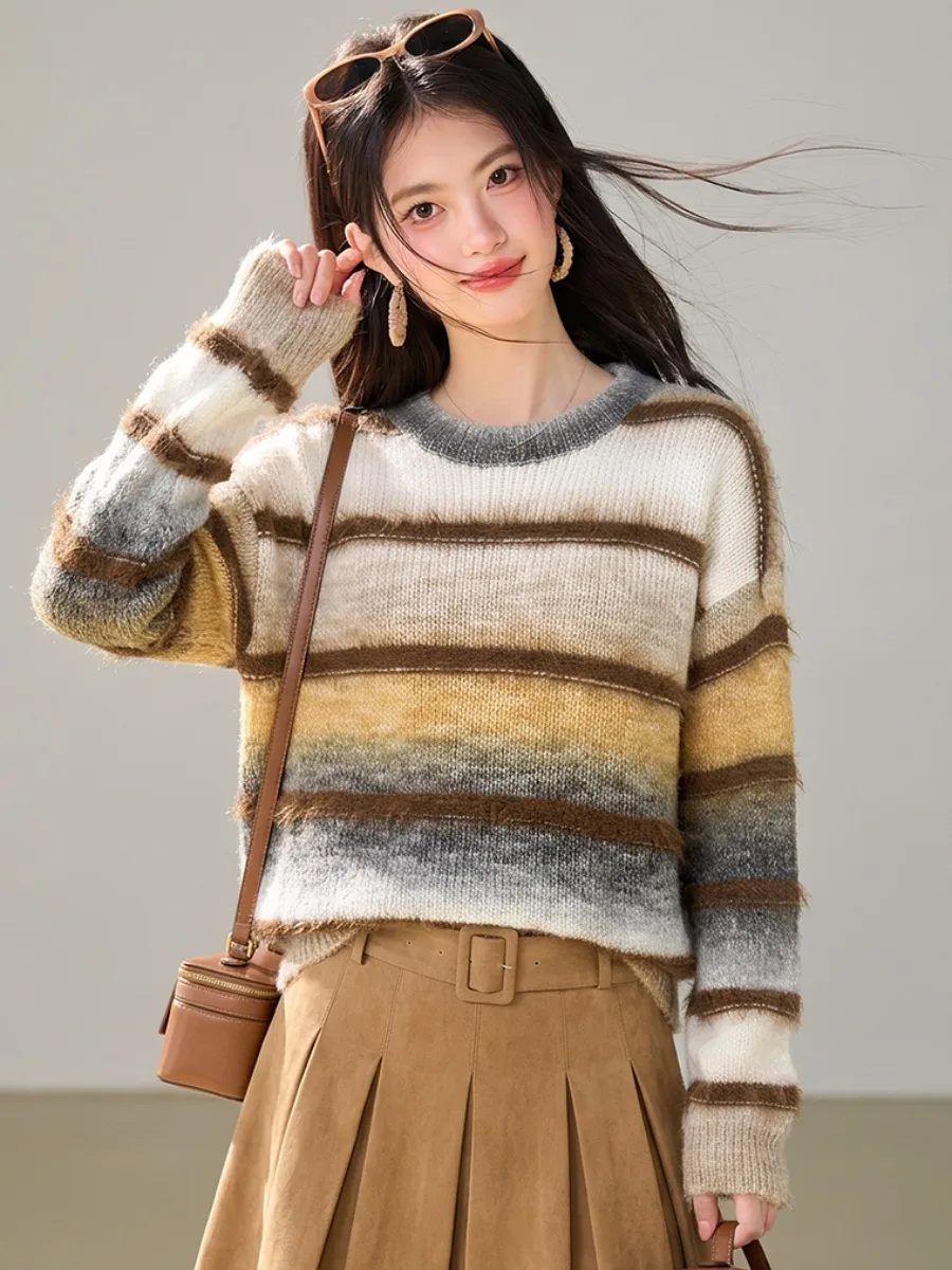 Retro Gradient Stripe round Neck Knitted Sweater Women's Lazy Style Thickened Loose Long Sleeve Overhead Knitwear Top